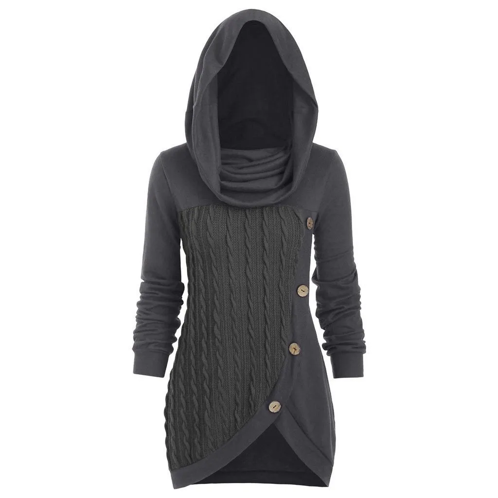 Women turtleneck hoodie cable knit button up sweater