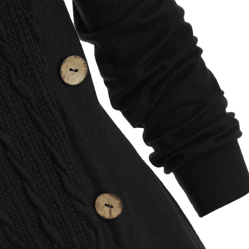 Women turtleneck hoodie cable knit button up sweater