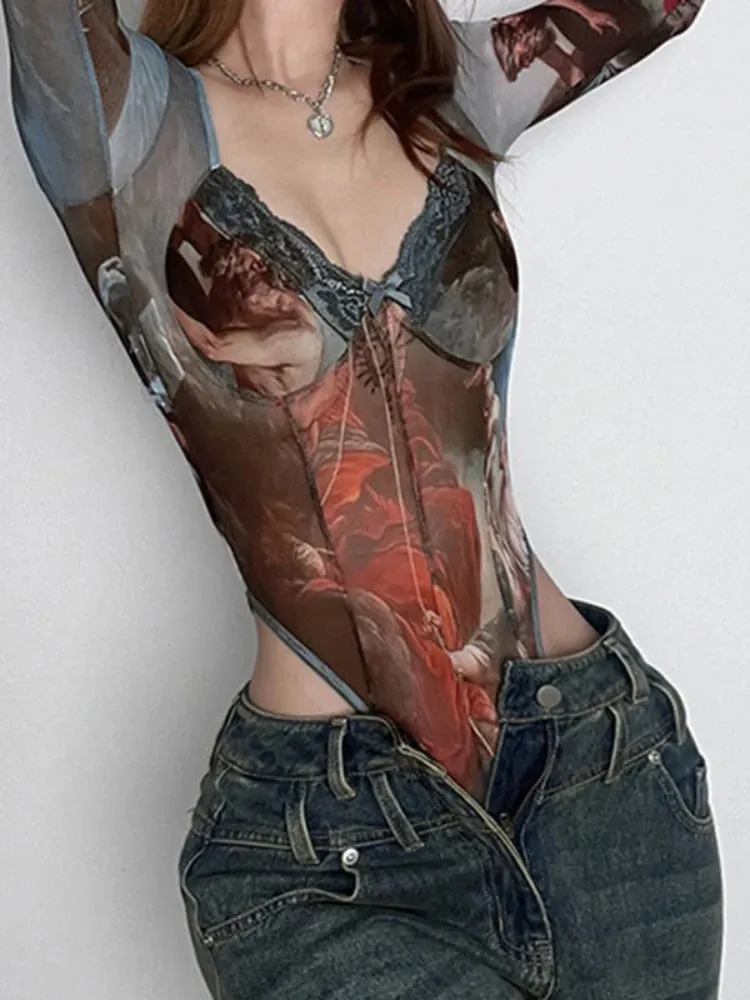 Women's Long Sleeve Retro Oil Painting Printed V-neck Lace Mesh Bodysuits