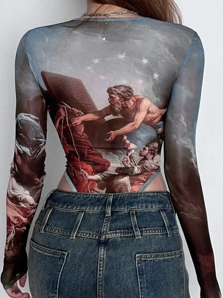 Women's Long Sleeve Retro Oil Painting Printed V-neck Lace Mesh Bodysuits