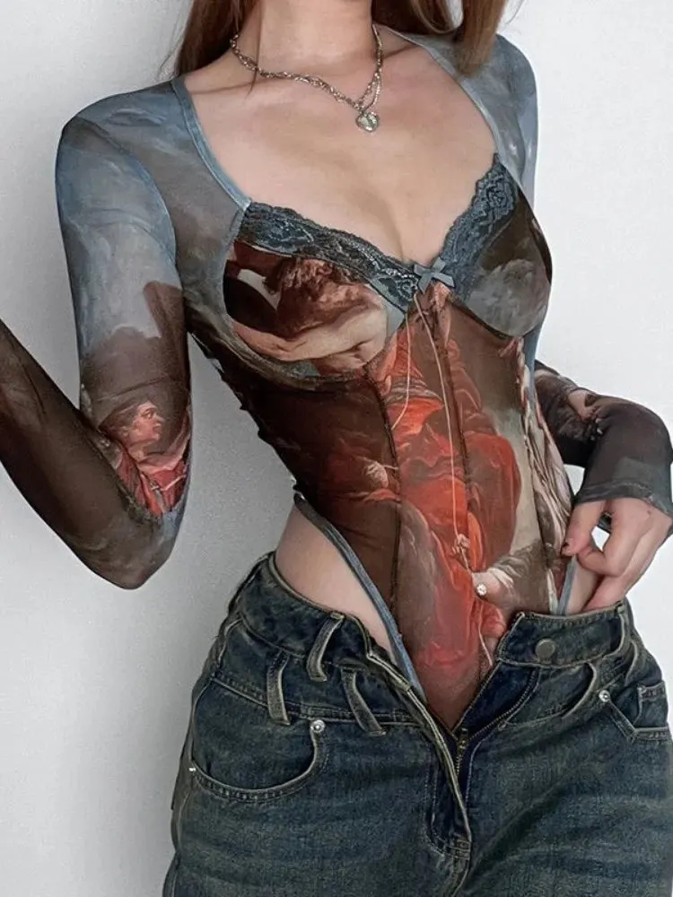 Women's Long Sleeve Retro Oil Painting Printed V-neck Lace Mesh Bodysuits