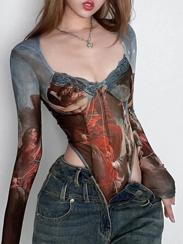 Women's Long Sleeve Retro Oil Painting Printed V-neck Lace Mesh Bodysuits