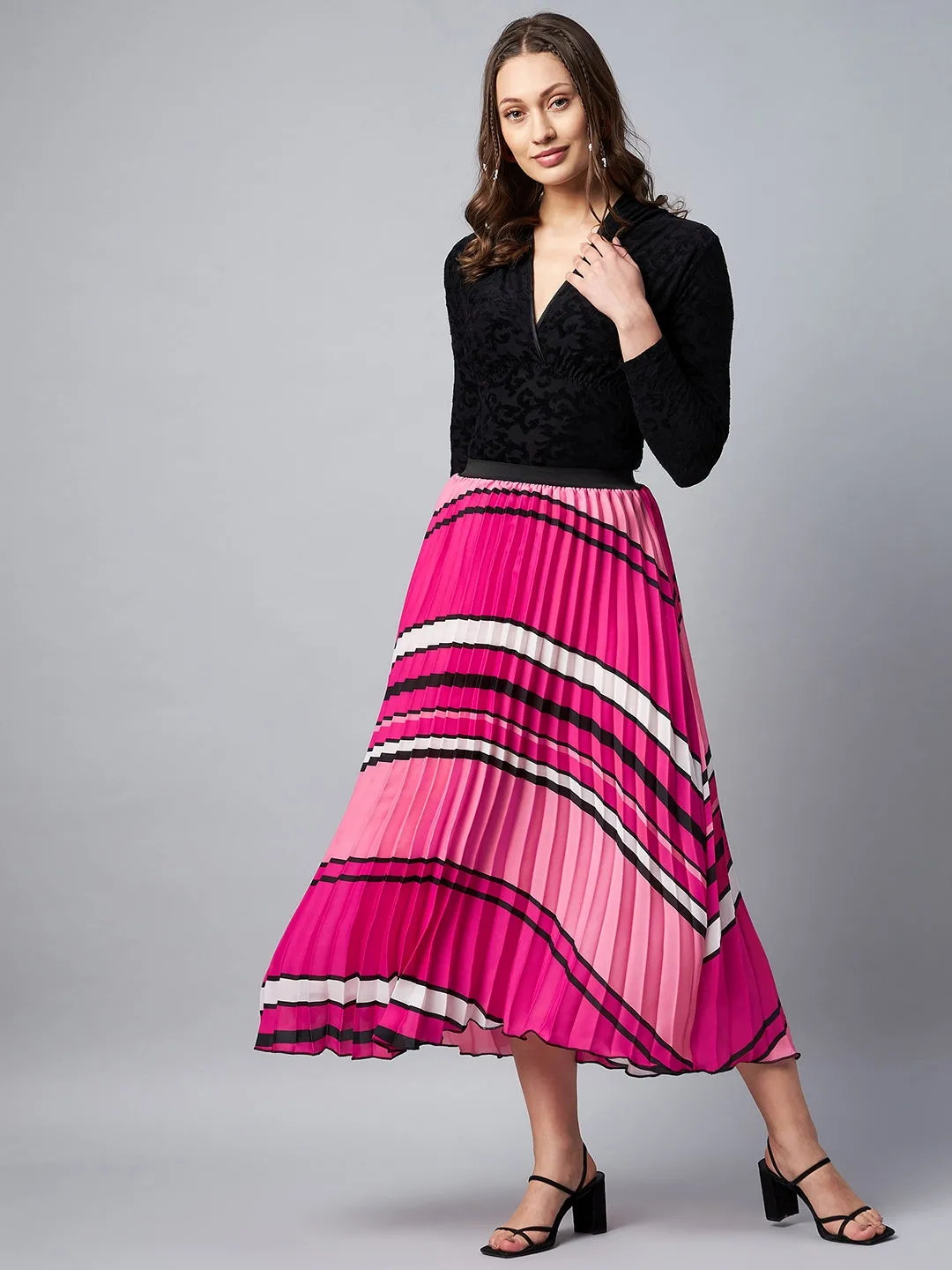 Women's Pink Pleated Satin Skirt - Stylestone