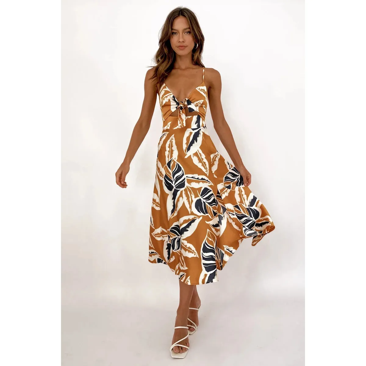 Women’s Sleeveless Leaf Print Midi Dress with Front Tie