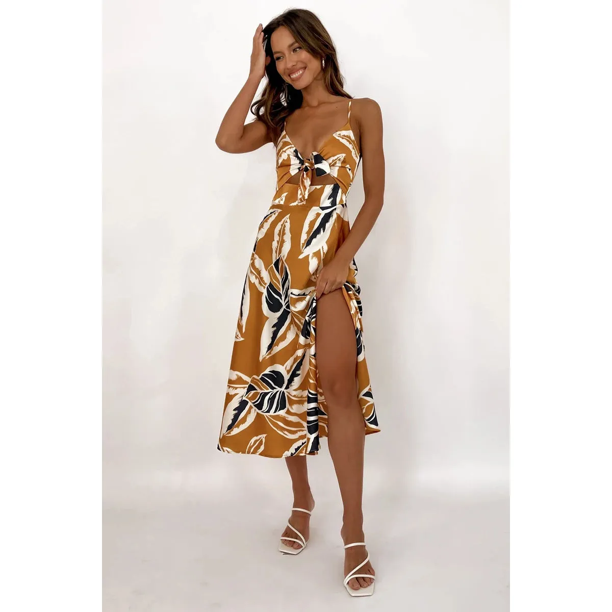 Women’s Sleeveless Leaf Print Midi Dress with Front Tie