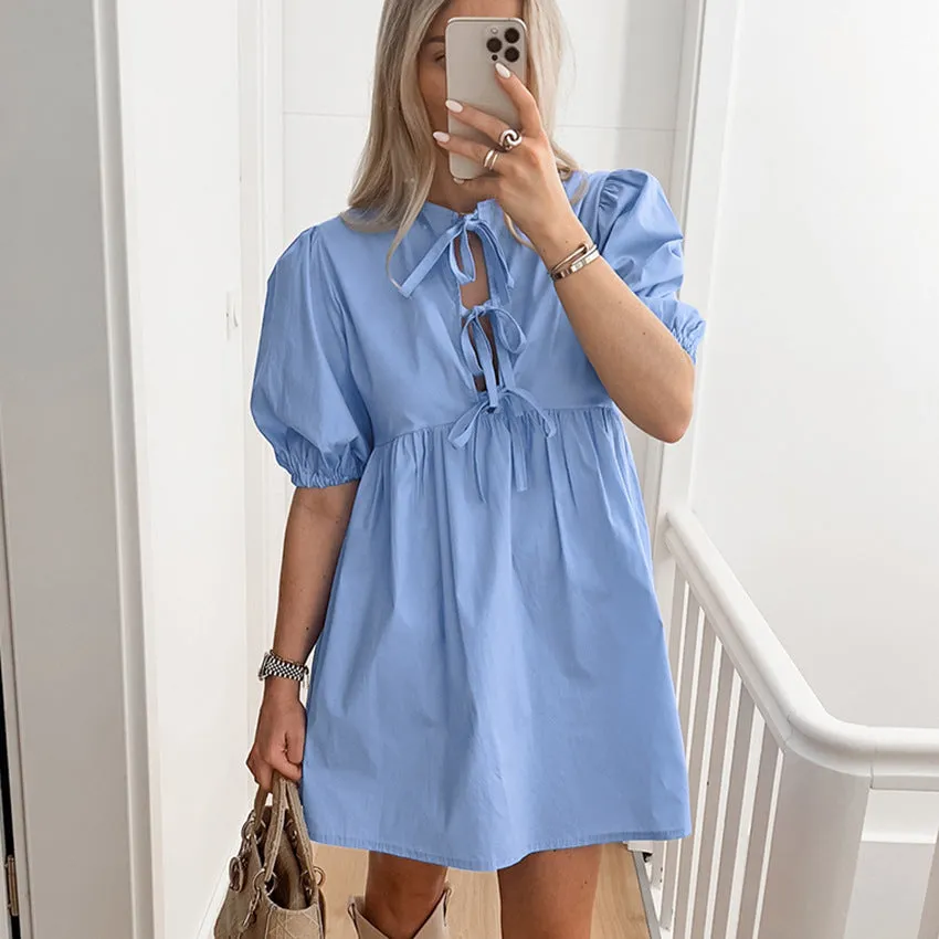 Women's Summer Casual Cotton Bow Tie Mini Dress