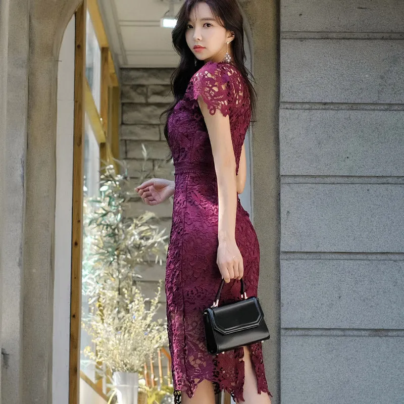 Women's Summer Lace V-Neck Sheath Short-Sleeved Dress