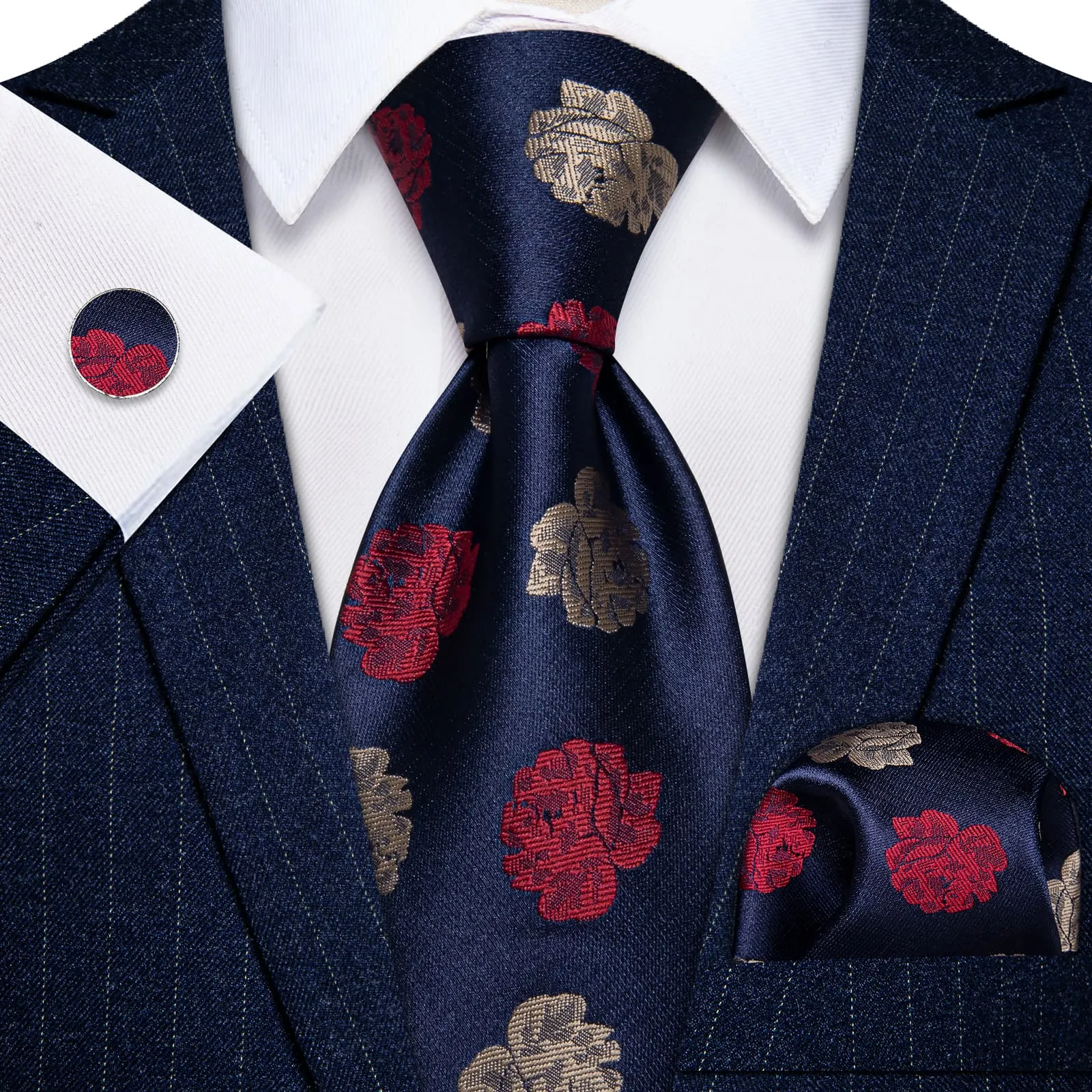 YourTies Black Solid Long Sleeve Shirt with Blue Red Floral Silk Tie for Men