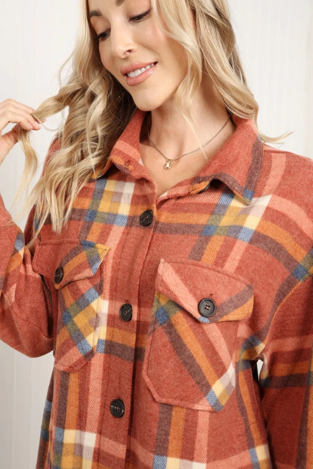 Zenana Pumpkin Spice Plaid Shacket in Rust | Plaid Shacket w/ Pockets | Long Sleeve Casual Warm and Cozy Autumn and Winter Plaid Jacket |