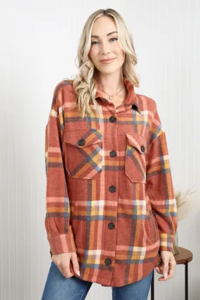 Zenana Pumpkin Spice Plaid Shacket in Rust | Plaid Shacket w/ Pockets | Long Sleeve Casual Warm and Cozy Autumn and Winter Plaid Jacket |