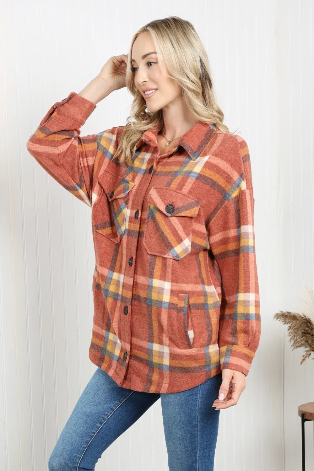 Zenana Pumpkin Spice Plaid Shacket in Rust | Plaid Shacket w/ Pockets | Long Sleeve Casual Warm and Cozy Autumn and Winter Plaid Jacket |