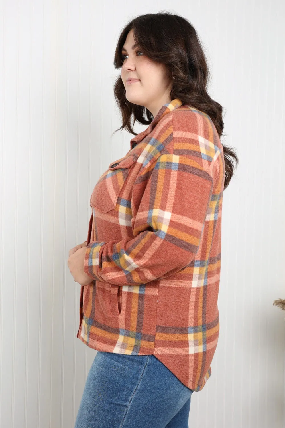 Zenana Pumpkin Spice Plaid Shacket in Rust | Plaid Shacket w/ Pockets | Long Sleeve Casual Warm and Cozy Autumn and Winter Plaid Jacket |