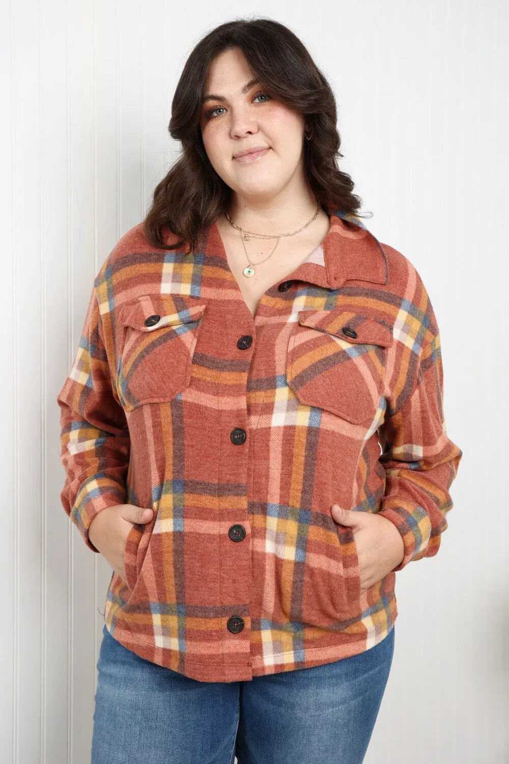 Zenana Pumpkin Spice Plaid Shacket in Rust | Plaid Shacket w/ Pockets | Long Sleeve Casual Warm and Cozy Autumn and Winter Plaid Jacket |