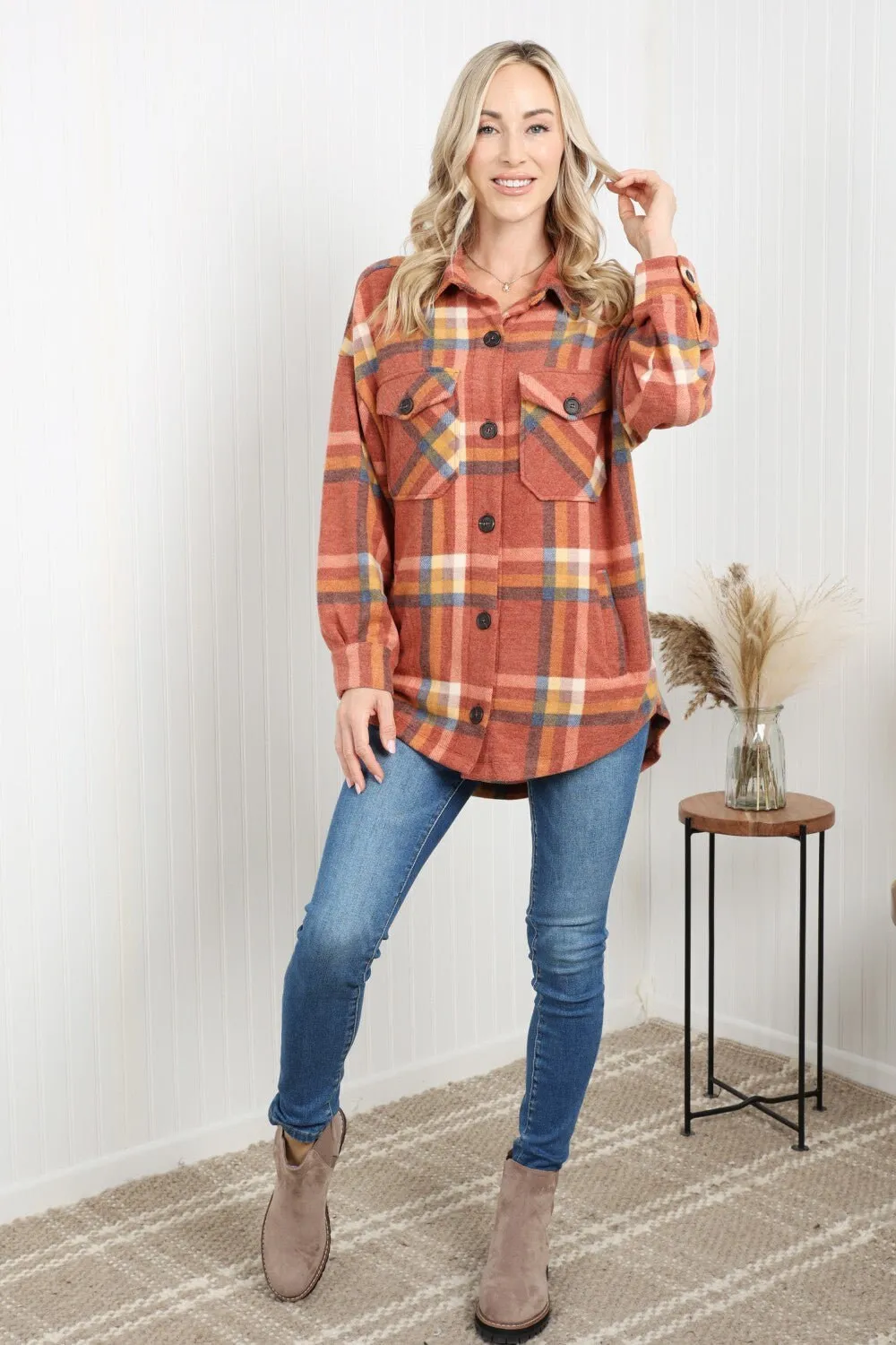 Zenana Pumpkin Spice Plaid Shacket in Rust | Plaid Shacket w/ Pockets | Long Sleeve Casual Warm and Cozy Autumn and Winter Plaid Jacket |
